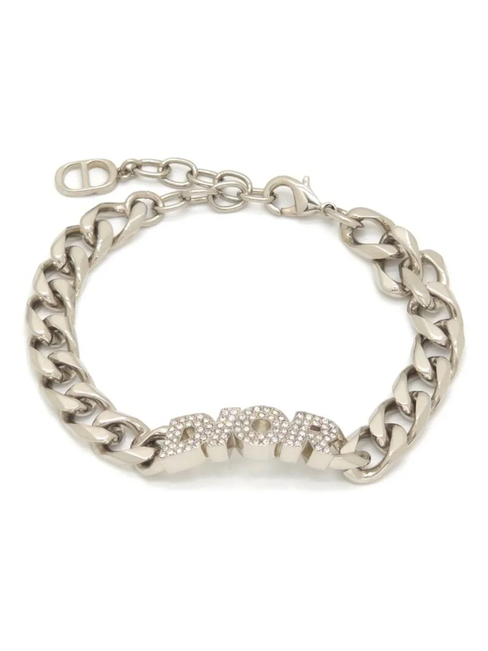 Dior Italic Signature Chain Link Bracelet 19.3 24 Logo Crystal Rhinestone Silver